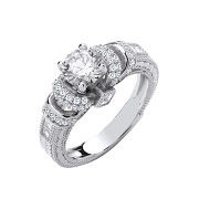 Silver Vintage Look, Milgrain Shank Solitaire Cubic Zirconia Ring