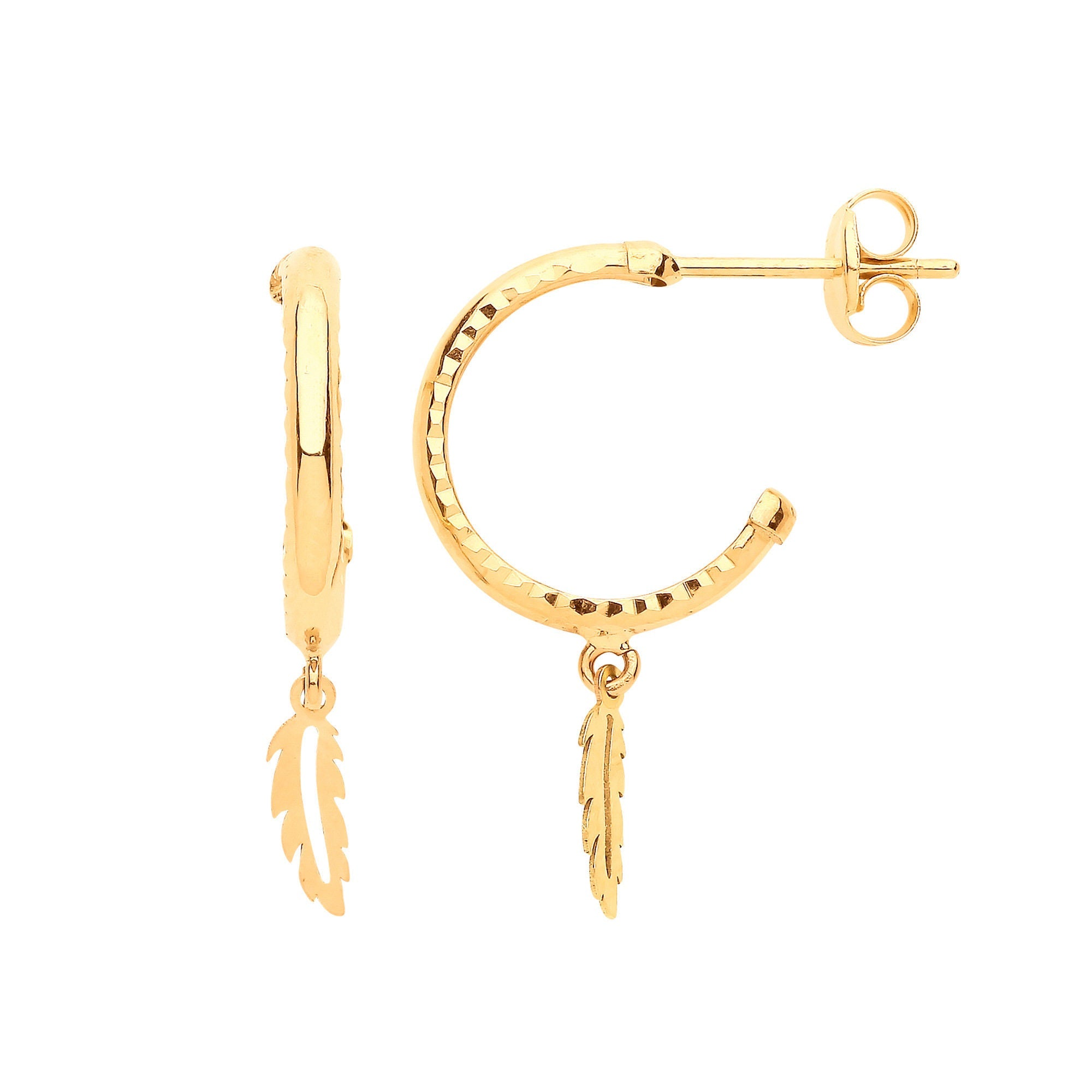 9ct 9ct Yellow Gold Diamond Cut Hoop Studs with Feather Drop