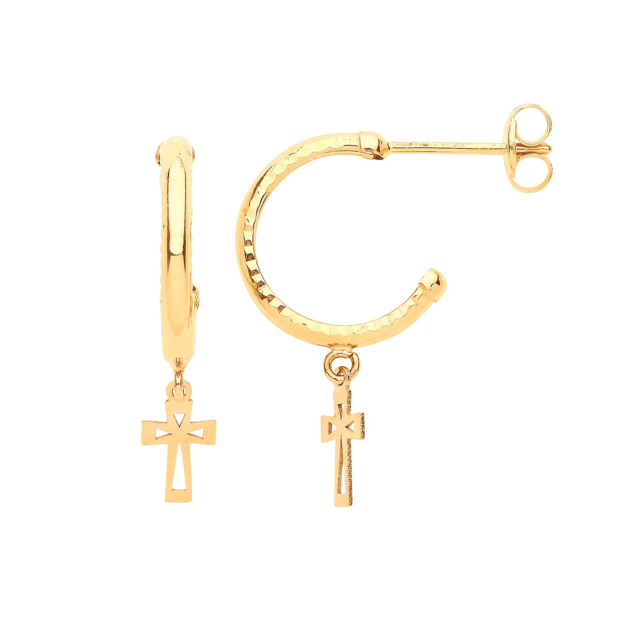 9ct Yellow Gold Diamond Cut Hoop Studs with Cross Drop