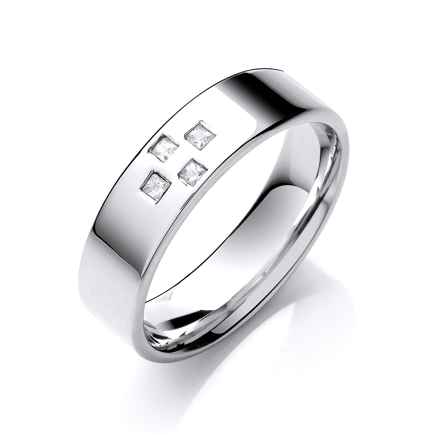 C Diamond Set 6mm Flat Court Cross Style Wedding Band