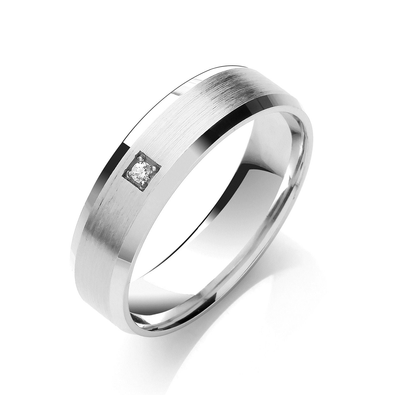 S Brilliant Cut Diamond Set 6mm Flat Court Bevelled Edge Matt Centre Wedding Band